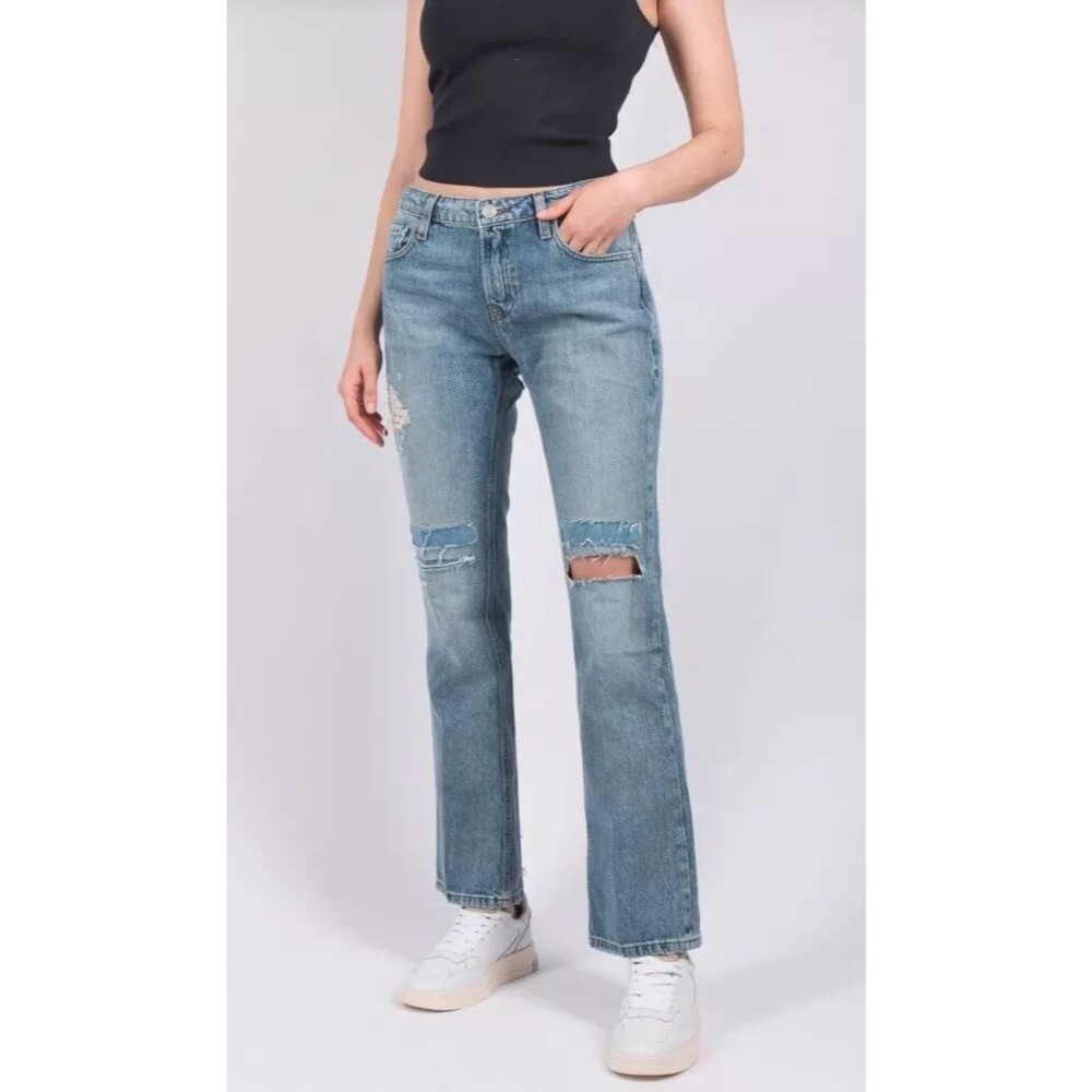 NEW FRAME Denim Low Rise Bootcut Jeans Size 28 Medium Wash Distressed Patches